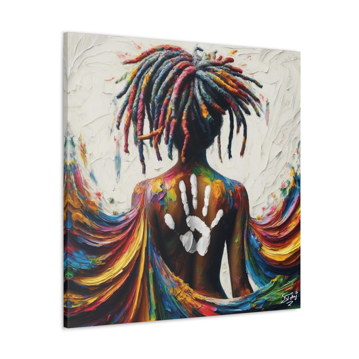 Art Print, Afro-Caribbean Woman, "White Hand on Back," Oil Finish, West Indian Ethnicity, Cultural, Heritage, Semi-Abstract, Canvas Gallery Wrap