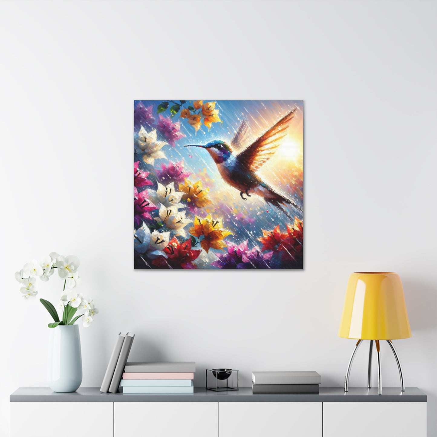 Art Print of Hummingbird in Flight...in the Sun and Rain, Bougainvillea, Caribbean, Oil Finish, West Indian Art, Canvas Gallery Wraps