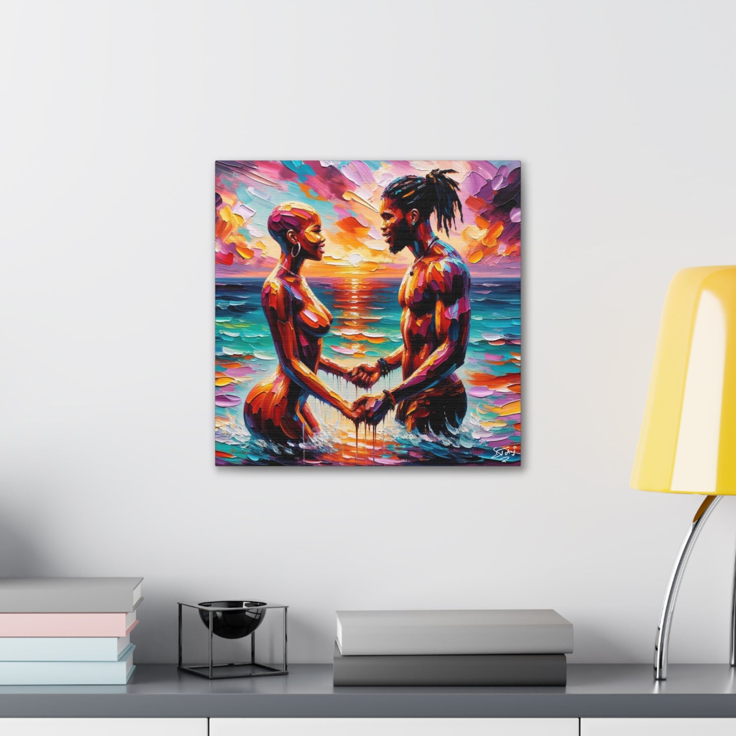 Art Print, Afro-Caribbean Couple "Skinny Dipping," Oil Finish, West Indian Ethnicity, Cultural, Heritage, Semi-Abstract, Canvas Gallery Wrap