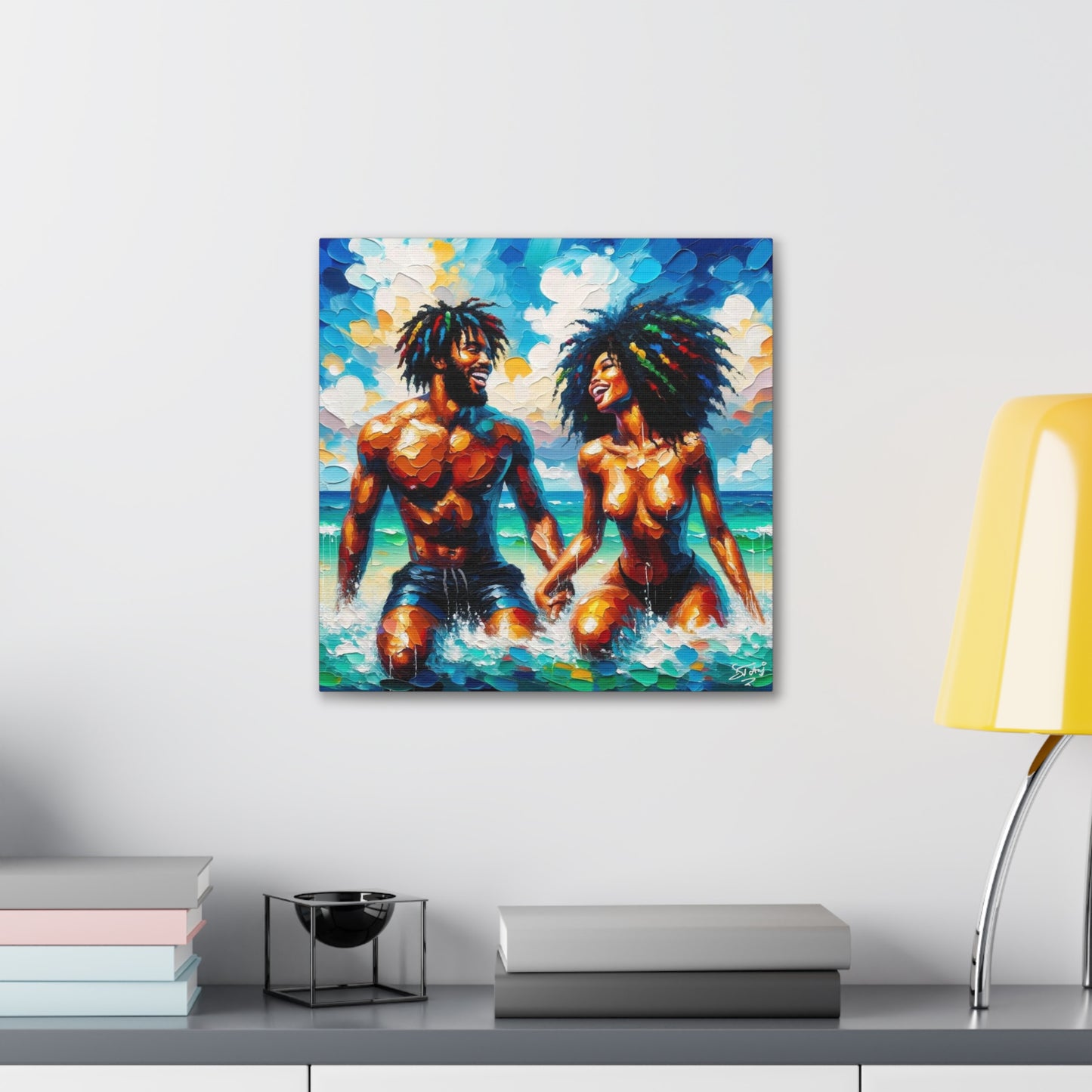 Art Print, Afro-Caribbean Couple in the Ocean, Oil Finish, West Indian Ethnicity, Cultural, Heritage, Semi-Abstract, Canvas Gallery Wrap