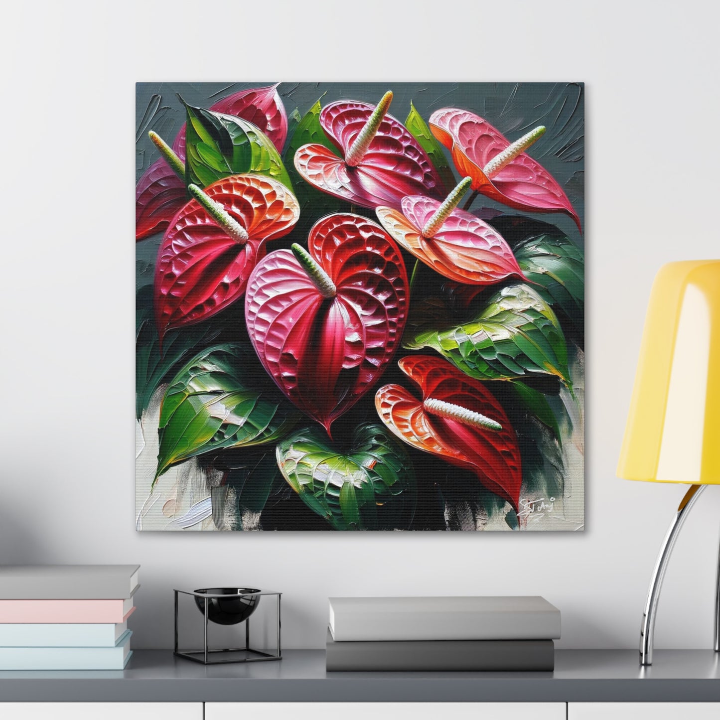 Print of Anthurium flowers with a vibrant, oil-painted finish, Canvas Gallery Wraps