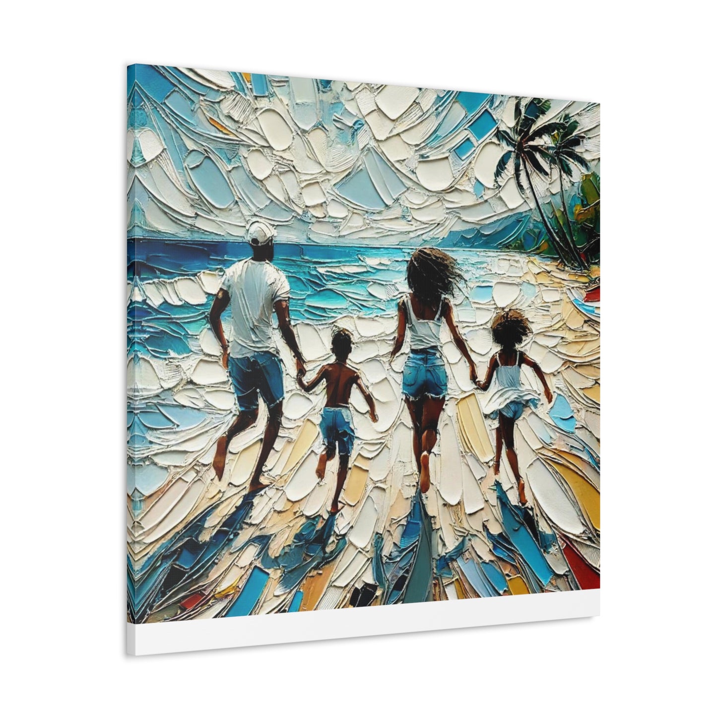 Art Print, Afro-Caribbean Family "Running on the Beach," Oil Finish, West Indian Ethnicity, Cultural, Heritage, Semi-Abstract, Canvas Gallery Wrap