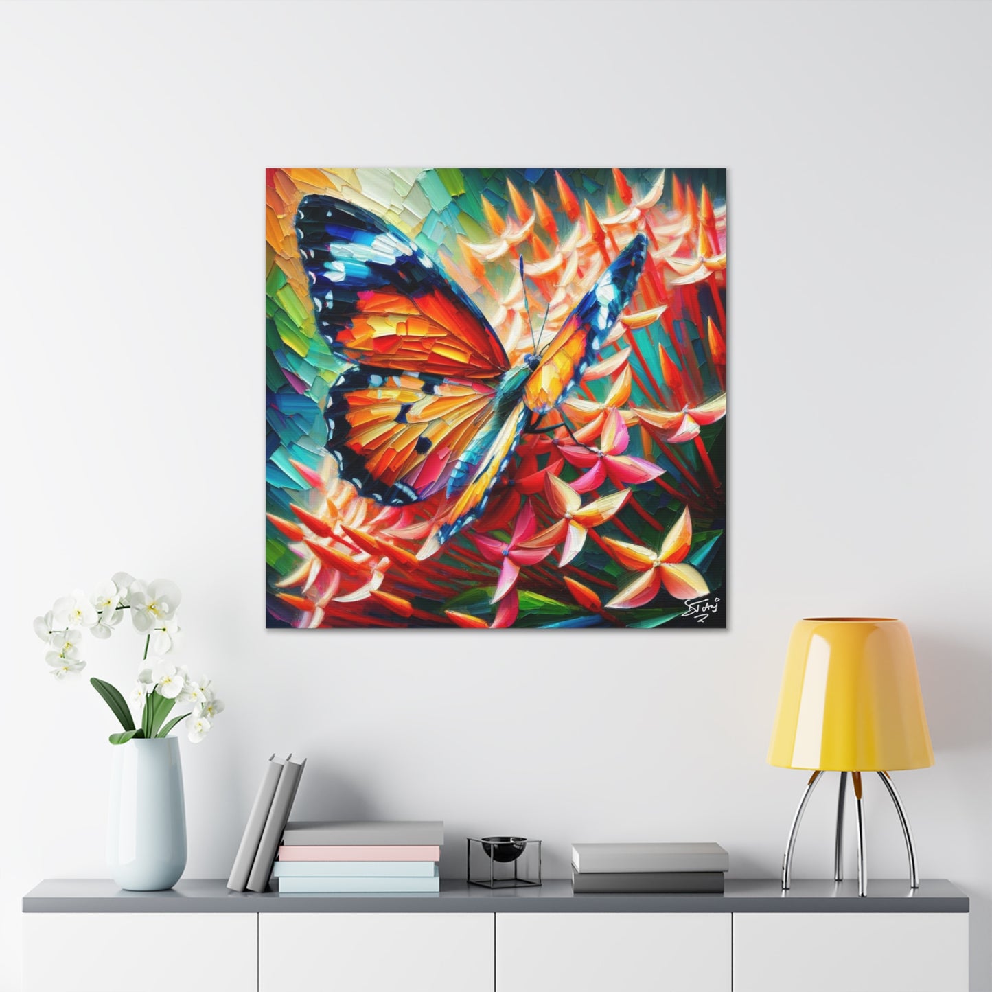 Art Print, Butterfly on Ixoras, Oil Finish, Caribbean Nature, Cultural, Heritage, Semi-Abstract, Canvas Gallery Wrap