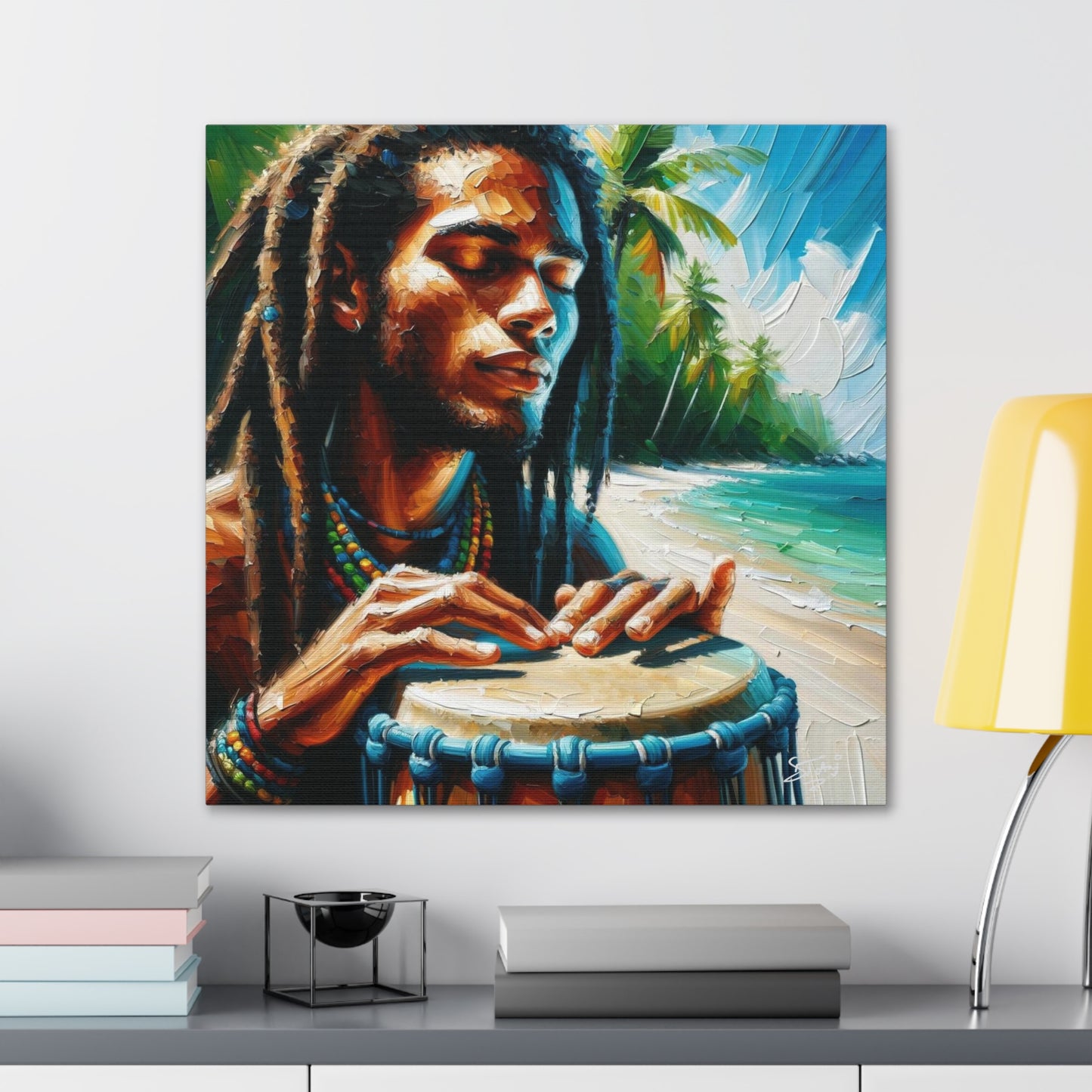 Art Print, Afro-Caribbean Man, "Drumming" Oil Finish, West Indian Ethnicity, Cultural, Heritage, Abstract, Canvas Gallery Wrap