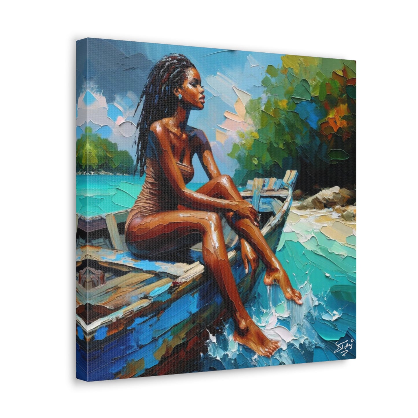 Art Print, Afro-Caribbean Woman "Chilling in the Boat (3)" Oil Finish, West Indian Ethnicity, Cultural, Heritage, Semi-Abstract, Canvas Gallery Wrap