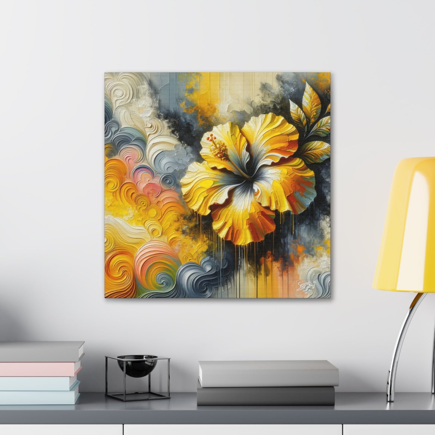 Oil Print of a Yellow Hibiscus Flower, Close-up View, Semi-abstract, Caribbean, Vibrant Vivid Colors, Canvas Gallery Wraps