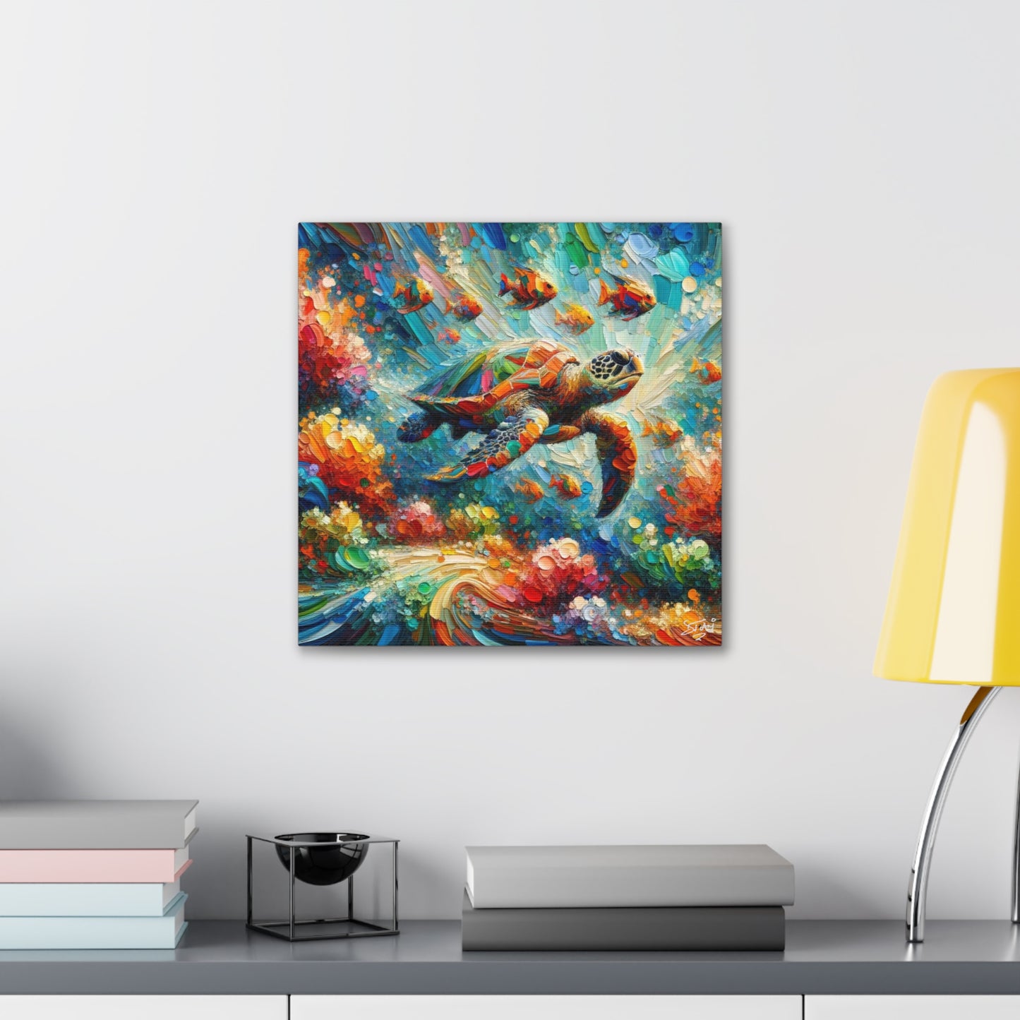 Art Print, Turtle & Fish in Reef, Oil Finish, Caribbean Nature, Cultural, Heritage, Semi-Abstract, Canvas Gallery Wrap