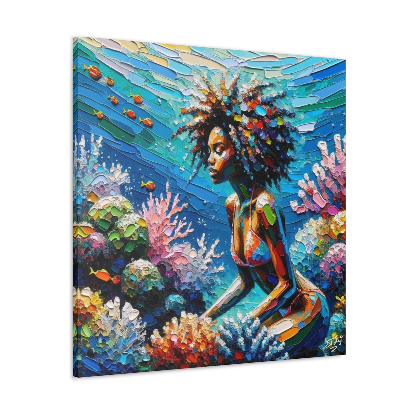 Art Print, Black Woman with Fishes in Coral Reef, Oil Finish, Caribbean Nature, Semi-Abstract, Canvas Gallery Wrap