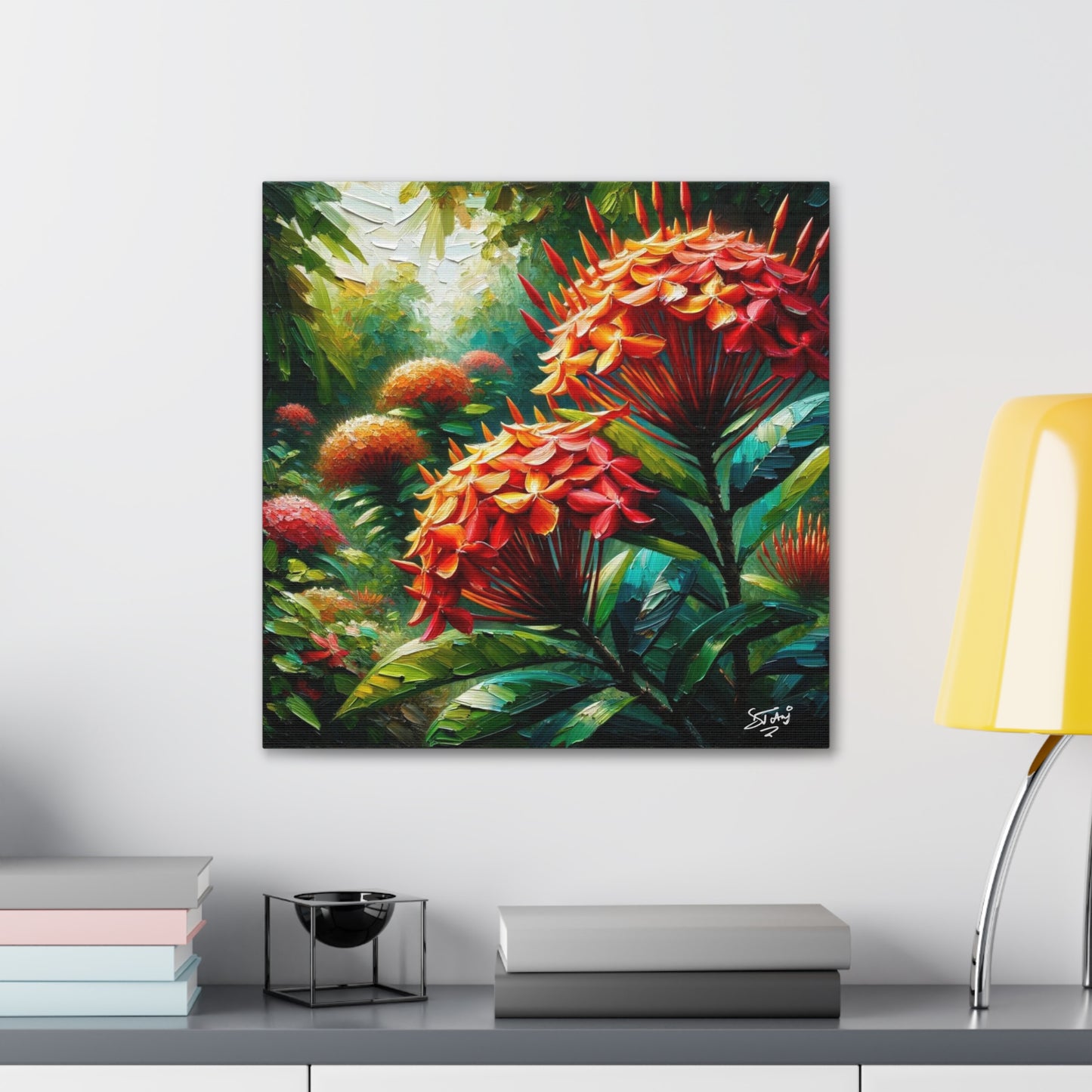 Art Print of Ixora Flowers, Oil Finish, West Indian Art, Canvas Gallery Wraps