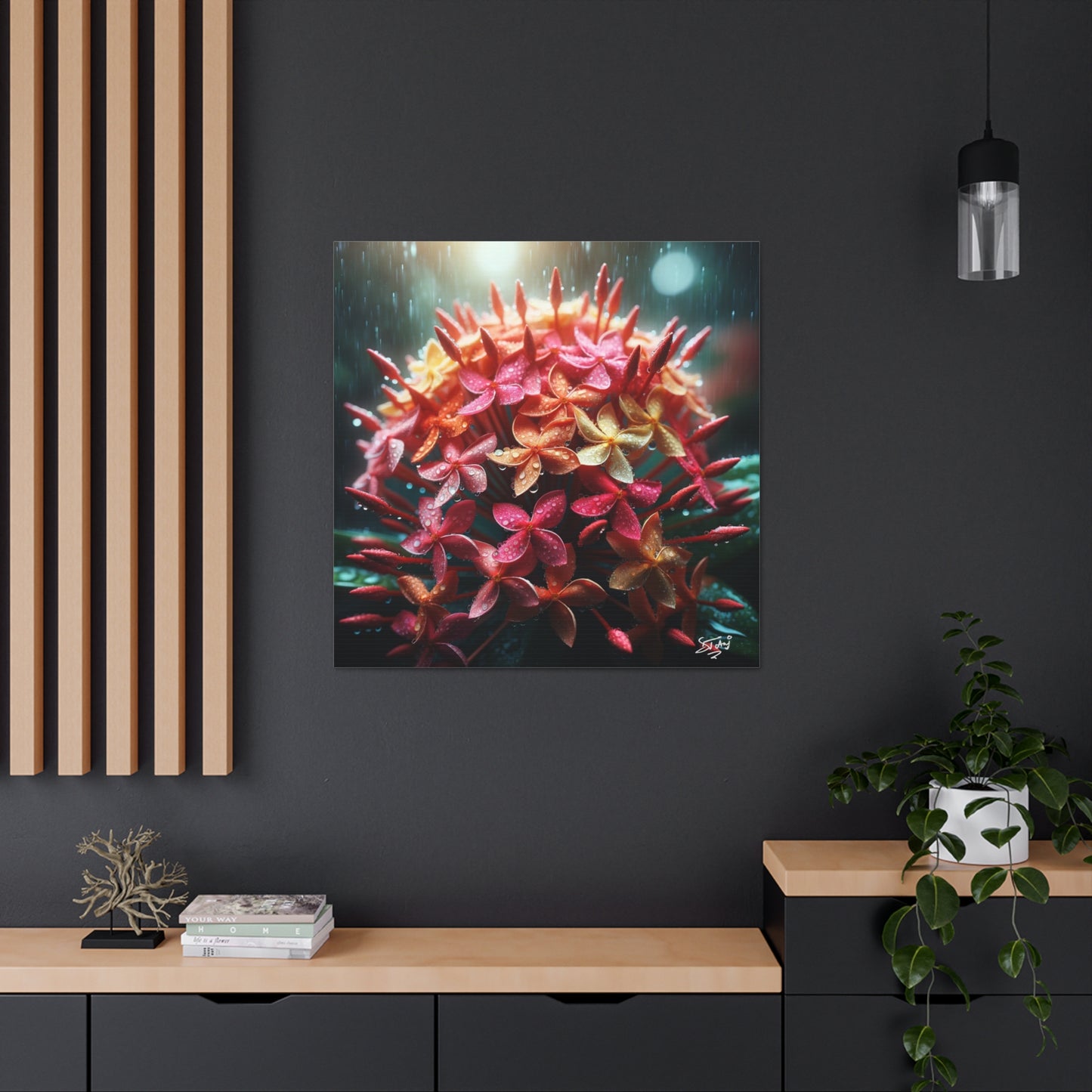 Print of Ixora Flower in The Rain, Caribbean, Vibrant and Vivid Colors of Ixora flowers, Trinidad and Tobago, Canvas Gallery Wraps