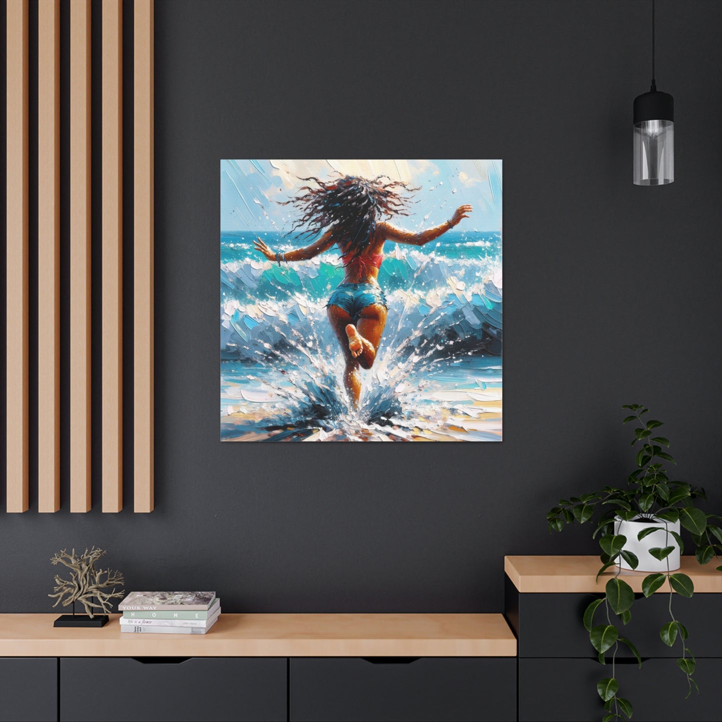 Art Print, East Indian Woman from Trinidad running into the Atlantic Ocean, Caribbean, Oil Finish, West Indian Art, Canvas Gallery Wraps