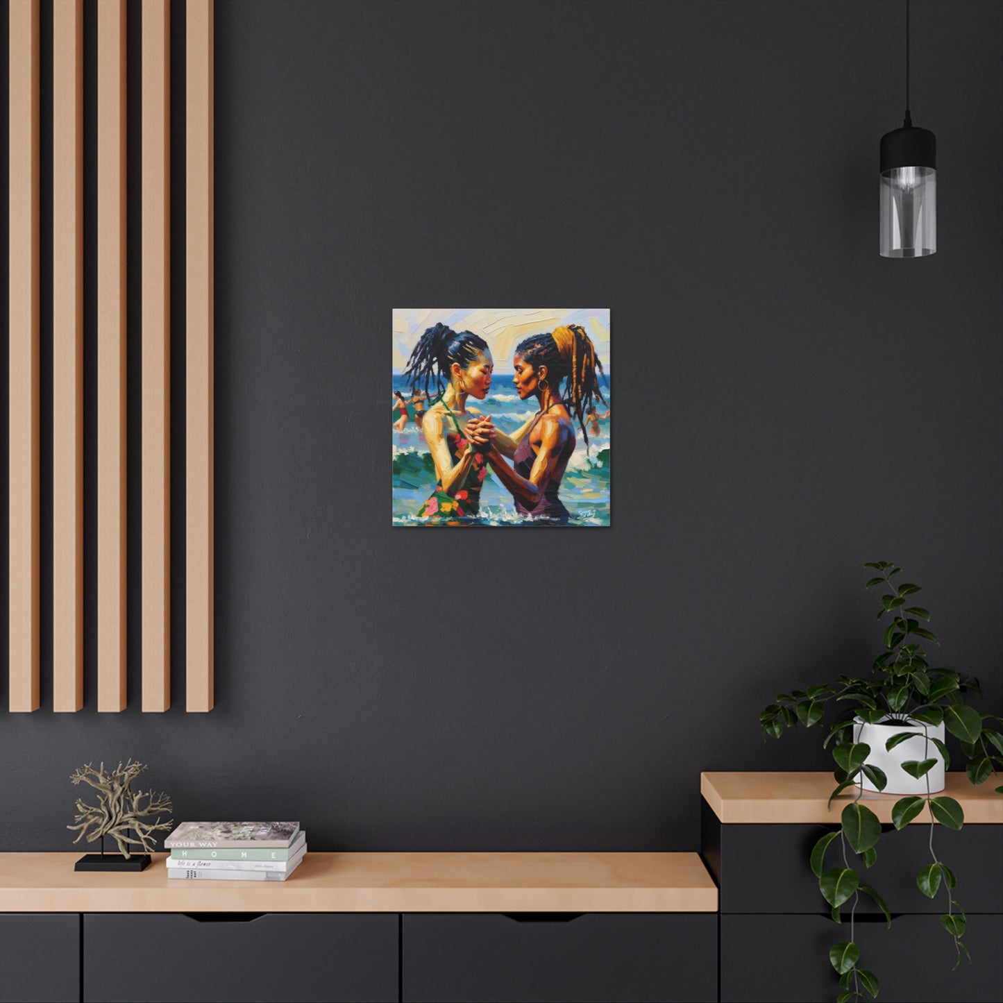 Art Print, Caribbean Couple, "In Our World" Semi-Abstract Oil Finish, West Indian Ethnicity, Cultural, Heritage, Canvas Gallery Wrap