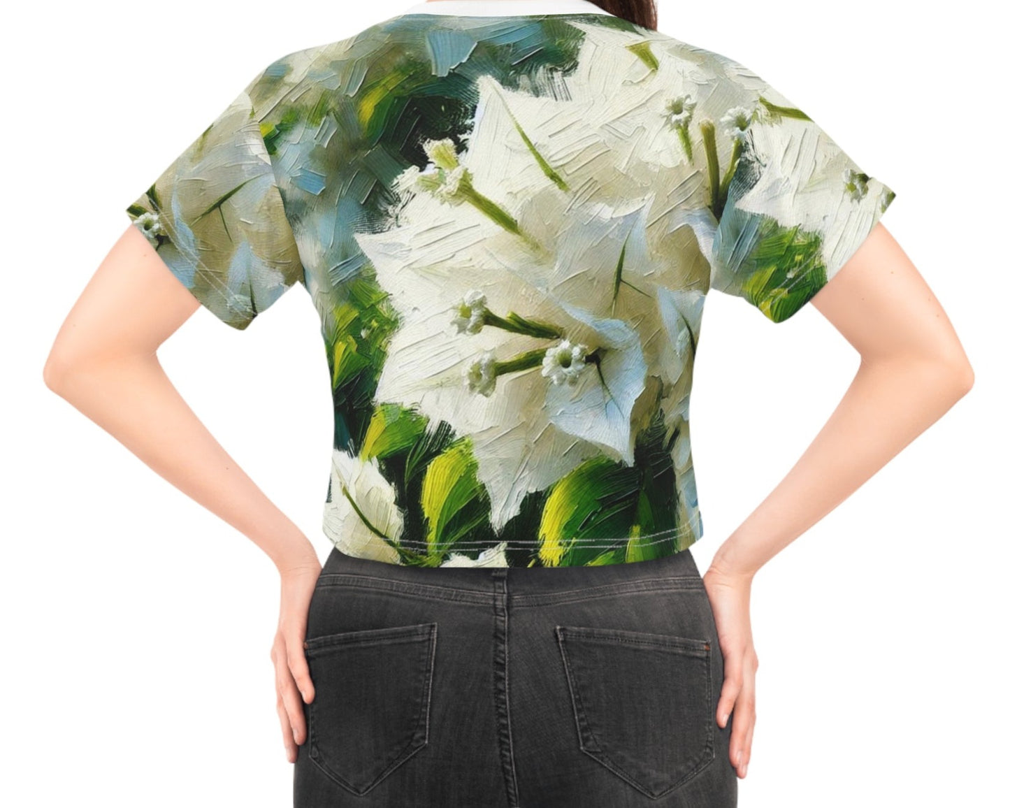 Women's Silky Soft Crop Tee (AOP) White Floral Print