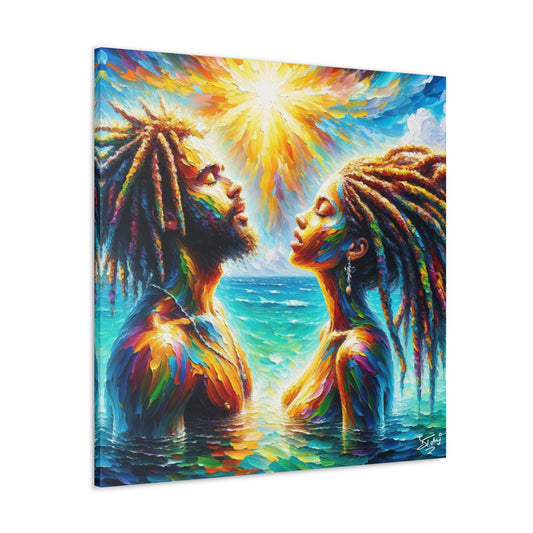 Art Print, Afro-Caribbean Couple in the Ocean, Oil Finish, West Indian Ethnicity, Cultural, Heritage, Semi-Abstract, Canvas Gallery Wrap