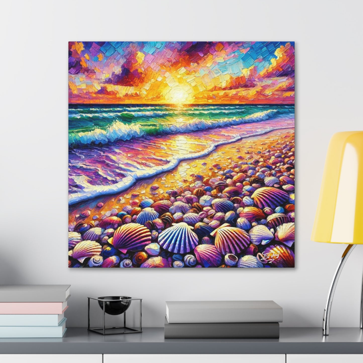 Art Print, Seashell, Caribbean Sunset Beach Scene, Abstract, Oil Painting, West Indian Art, Canvas Gallery Wraps