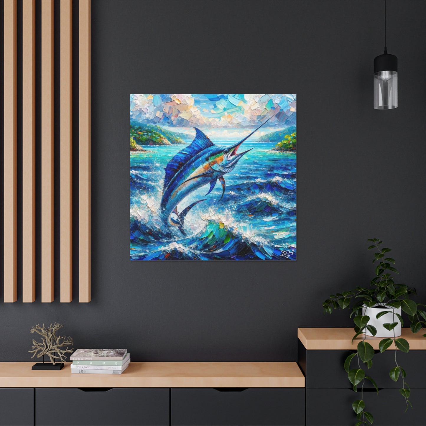 Art Print, Blue Marlin, Oil Finish, Caribbean Nature, Canvas Gallery Wrap