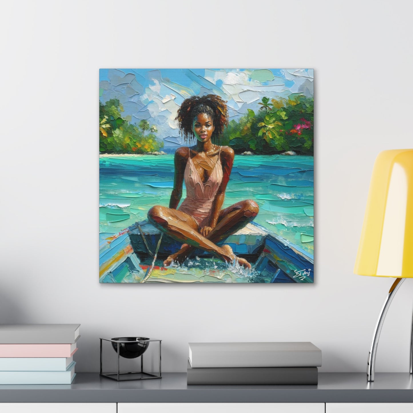 Art Print, Caribbean Woman "Chilling in the Boat" Oil Finish, West Indian Ethnicity, Cultural, Heritage, Semi-Abstract, Canvas Gallery Wrap