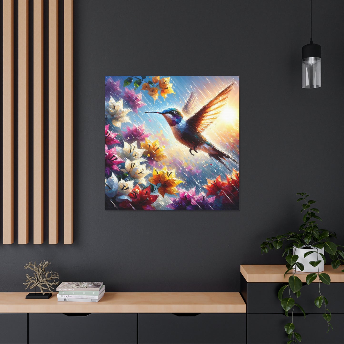 Art Print of Hummingbird in Flight...in the Sun and Rain, Bougainvillea, Caribbean, Oil Finish, West Indian Art, Canvas Gallery Wraps