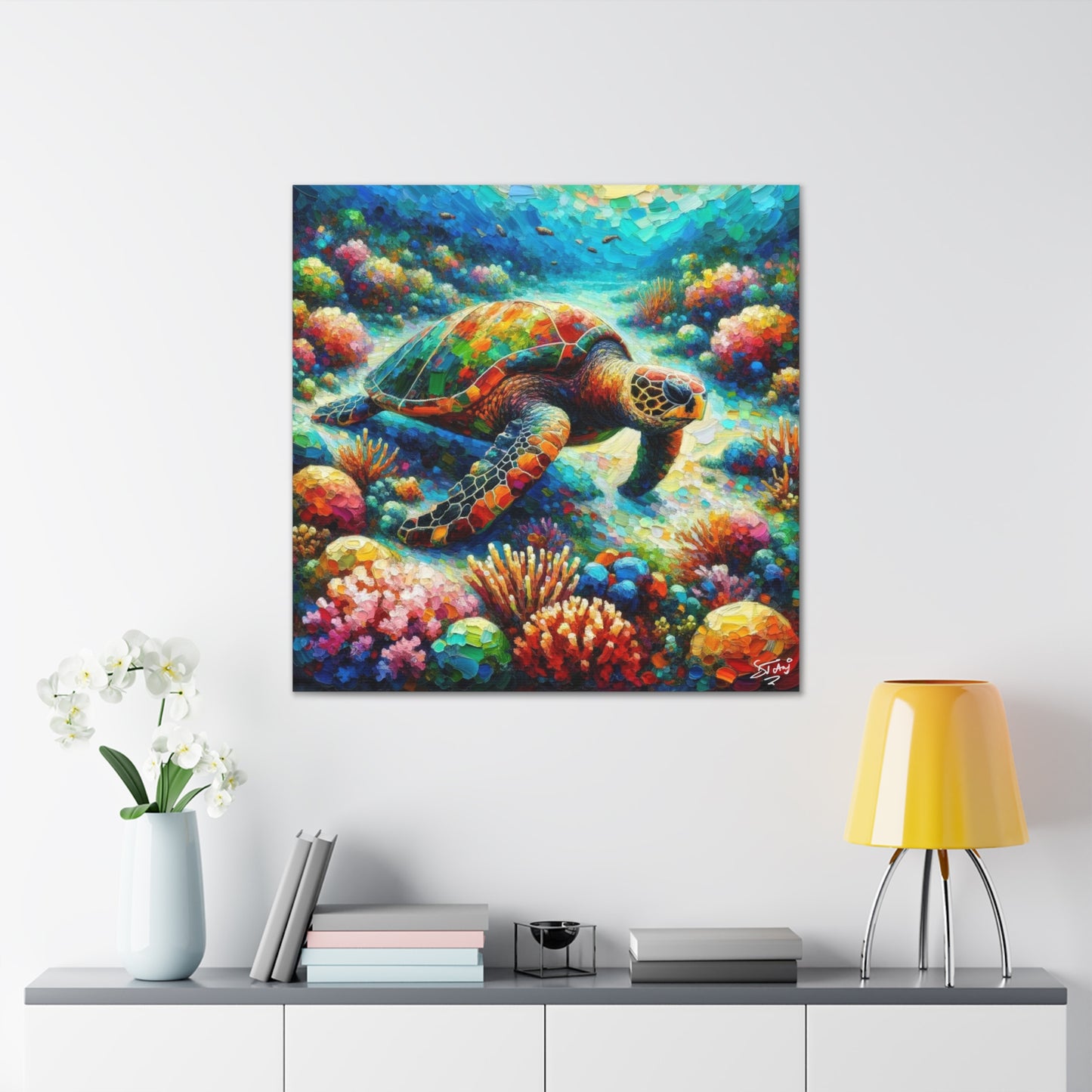 Art Print, Turtle in Reef, Oil Finish, Caribbean Nature, Cultural, Heritage, Semi-Abstract, Canvas Gallery Wrap