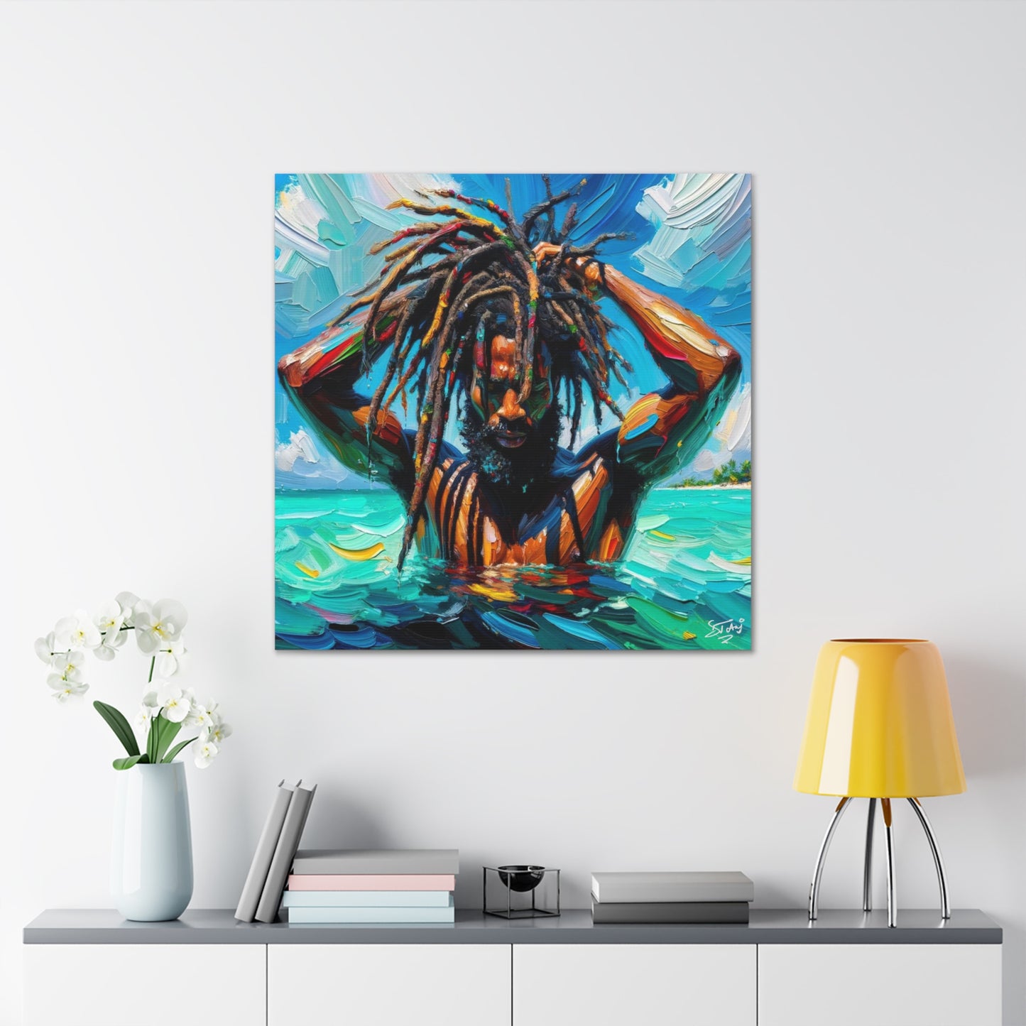 Art Print, Afro-Caribbean Man with Dreadlocks, Oil Finish, West Indian Ethnicity, Cultural, Heritage, Semi-Abstract, Canvas Gallery Wrap