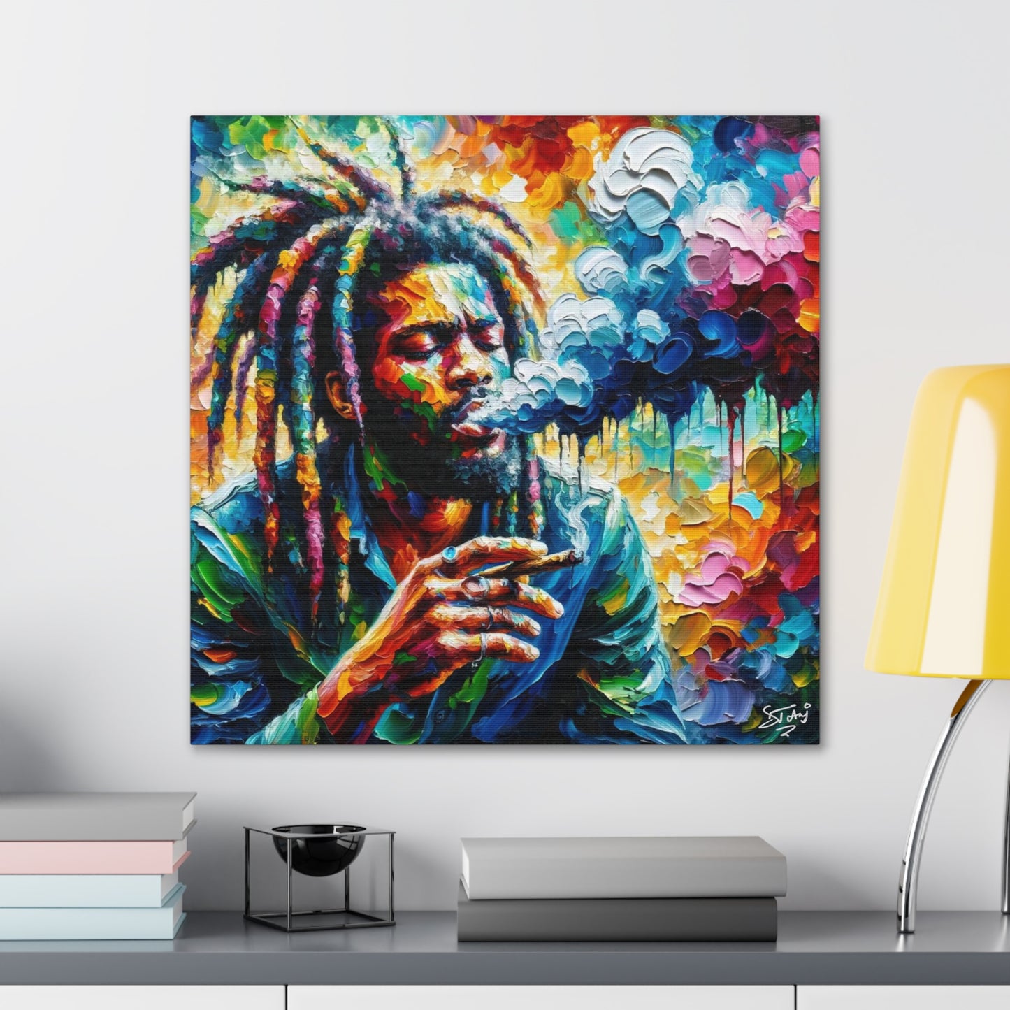 Art Print of Rastaman Smoking, Oil Finish, West Indian Ethnicity, Cultural, Heritage, Afro-Caribbean Man, Semi-Abstract, Canvas Gallery Wrap