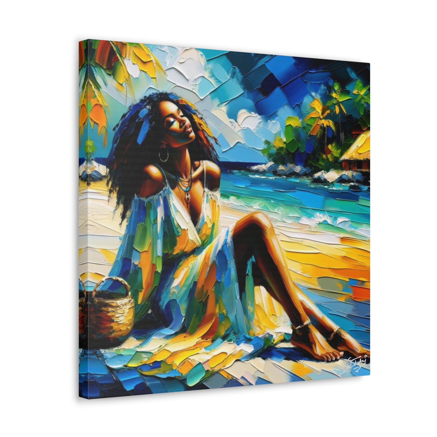 Art Print, Afro-Caribbean Woman, "Relaxing" Oil Finish, West Indian Ethnicity, Cultural, Heritage, Abstract, Canvas Gallery Wrap