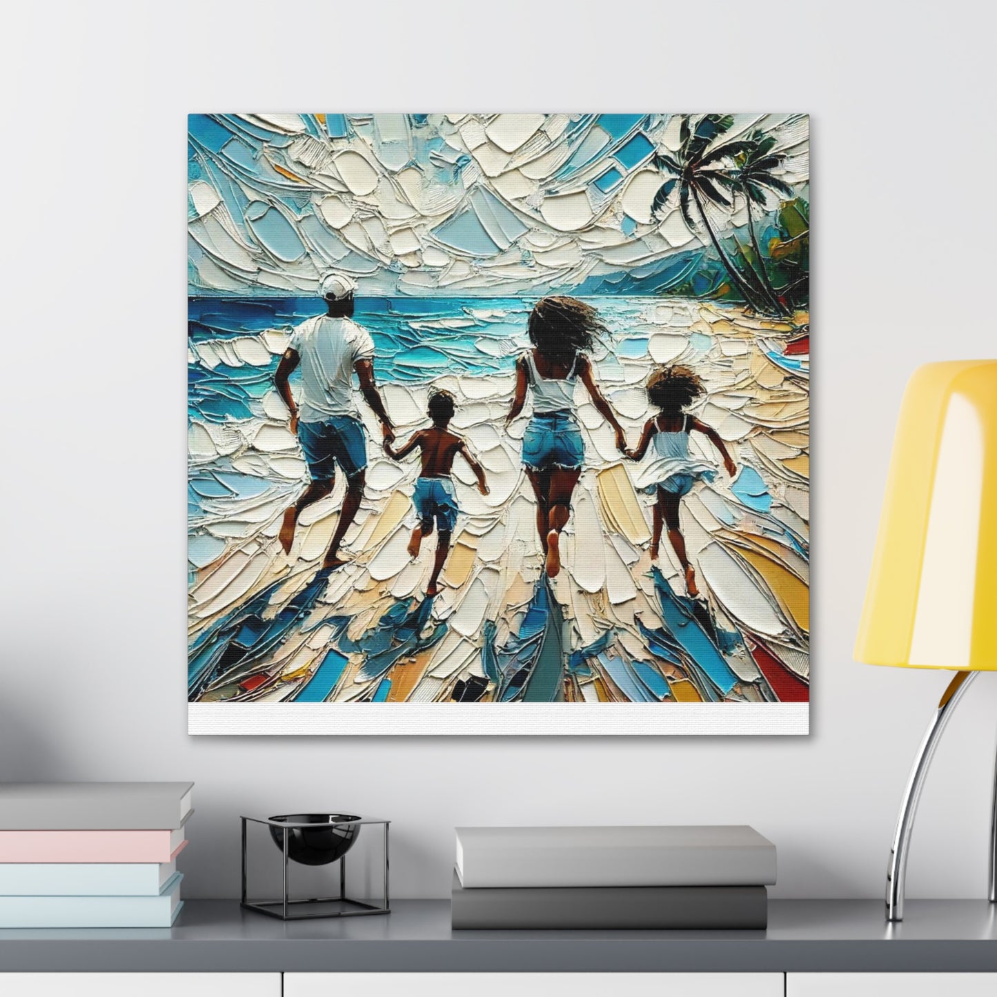 Art Print, Afro-Caribbean Family "Running on the Beach," Oil Finish, West Indian Ethnicity, Cultural, Heritage, Semi-Abstract, Canvas Gallery Wrap