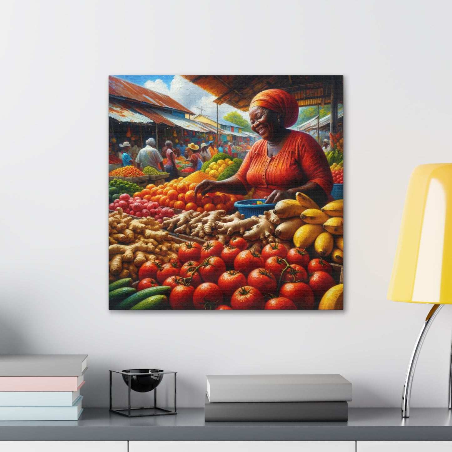 Art Print#6, "Selling at the Market", Market Scene in Trinidad, Caribbean, Oil Finish, West Indian Art, Canvas Gallery Wraps