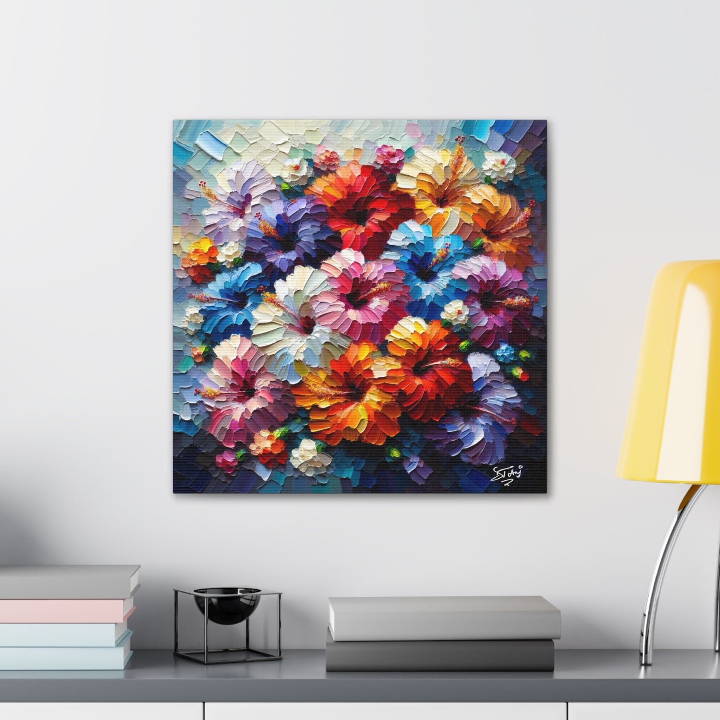 Print of Hibiscus Flower Arrangement, Semi-abstract, Oil Paint finish, Caribbean, Tropical, Canvas Gallery Wraps