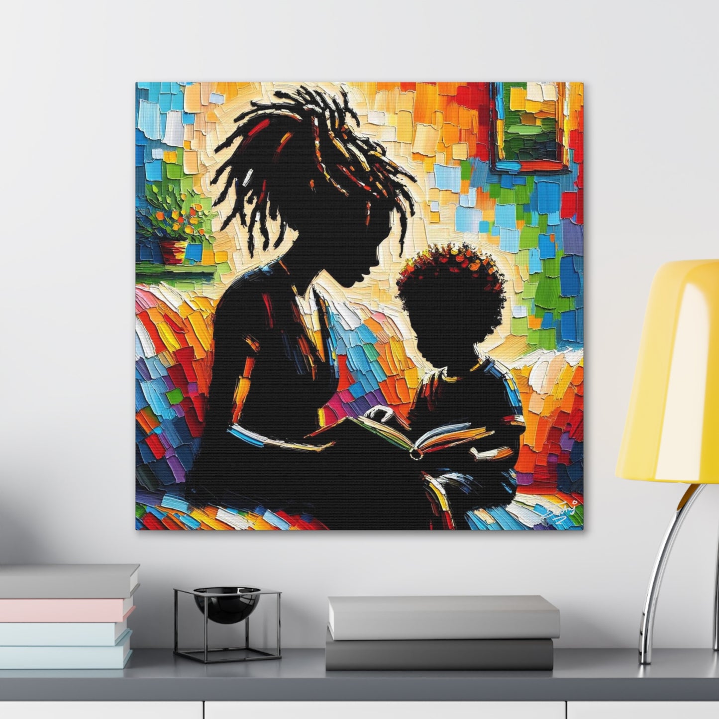 Art Print, Afro-Caribbean Mother & Son (3), Oil Finish, West Indian Ethnicity, Cultural, Heritage, Semi-Abstract, Canvas Gallery Wrap