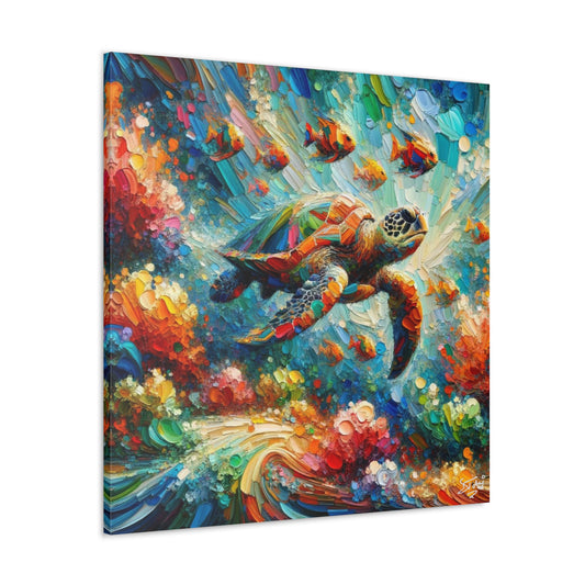 Art Print, Turtle & Fish in Reef, Oil Finish, Caribbean Nature, Cultural, Heritage, Semi-Abstract, Canvas Gallery Wrap