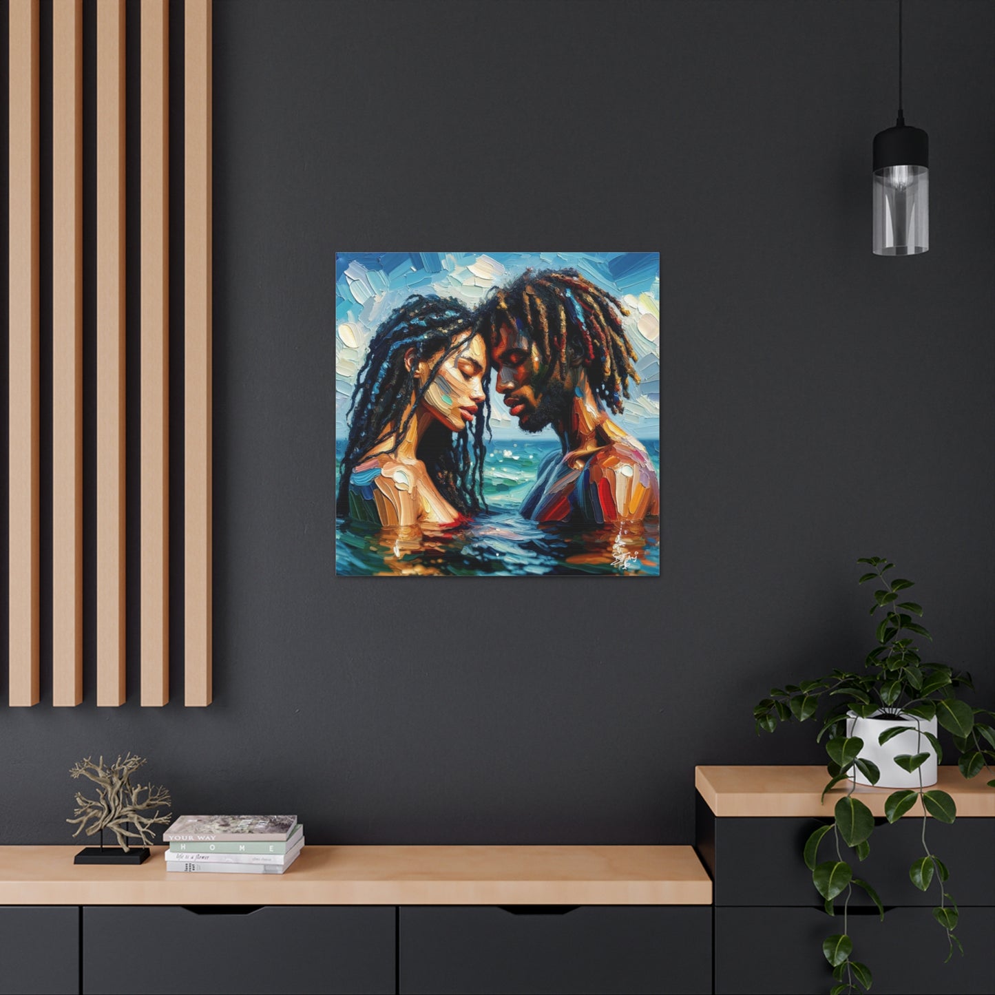 Art Print, Caribbean Couple, "In Our World" Semi-Abstract Oil Finish, West Indian Ethnicity, Cultural, Heritage, Abstract, Canvas Gallery Wrap