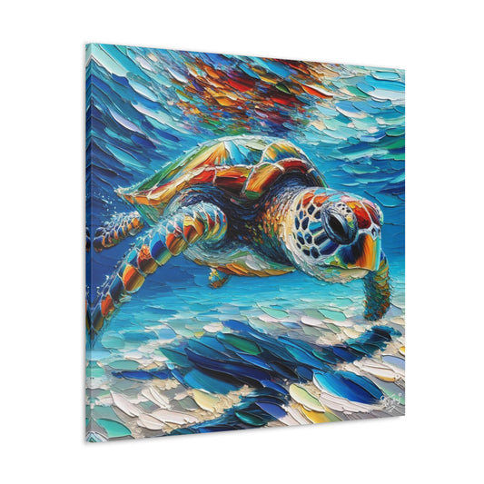 Art Print, Turtle in Reef, Oil Finish, Caribbean Nature, Cultural, Heritage, Semi-Abstract, Canvas Gallery Wrap