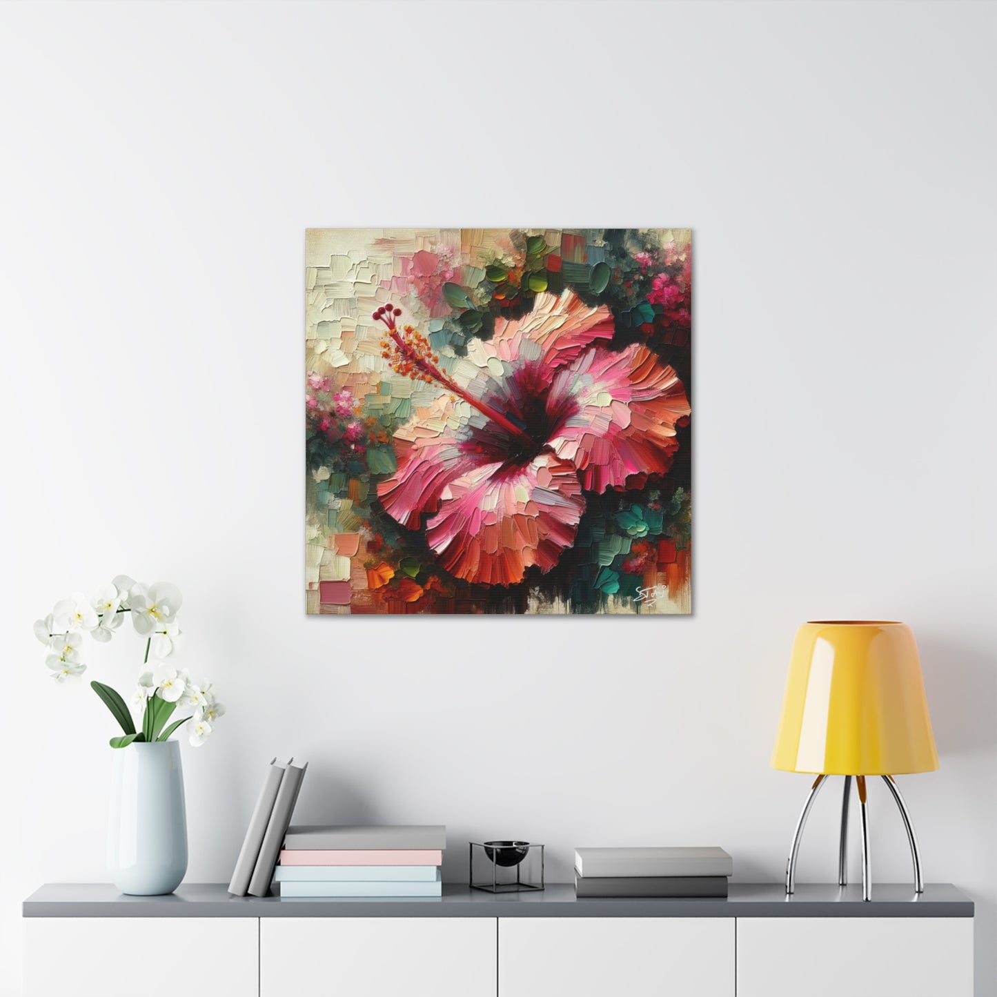 Oil Print#3 of a Pink Hibiscus Flower, Close-up View, Semi-abstract, Caribbean, Vibrant Vivid Colors, Canvas Gallery Wraps