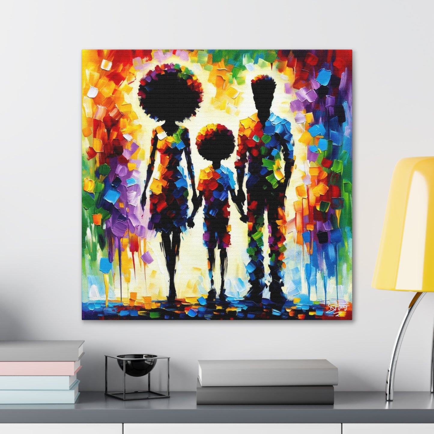 Art Print, Afro-Caribbean Family, Oil Finish, West Indian Ethnicity, Cultural, Heritage, Semi-Abstract, Canvas Gallery Wrap