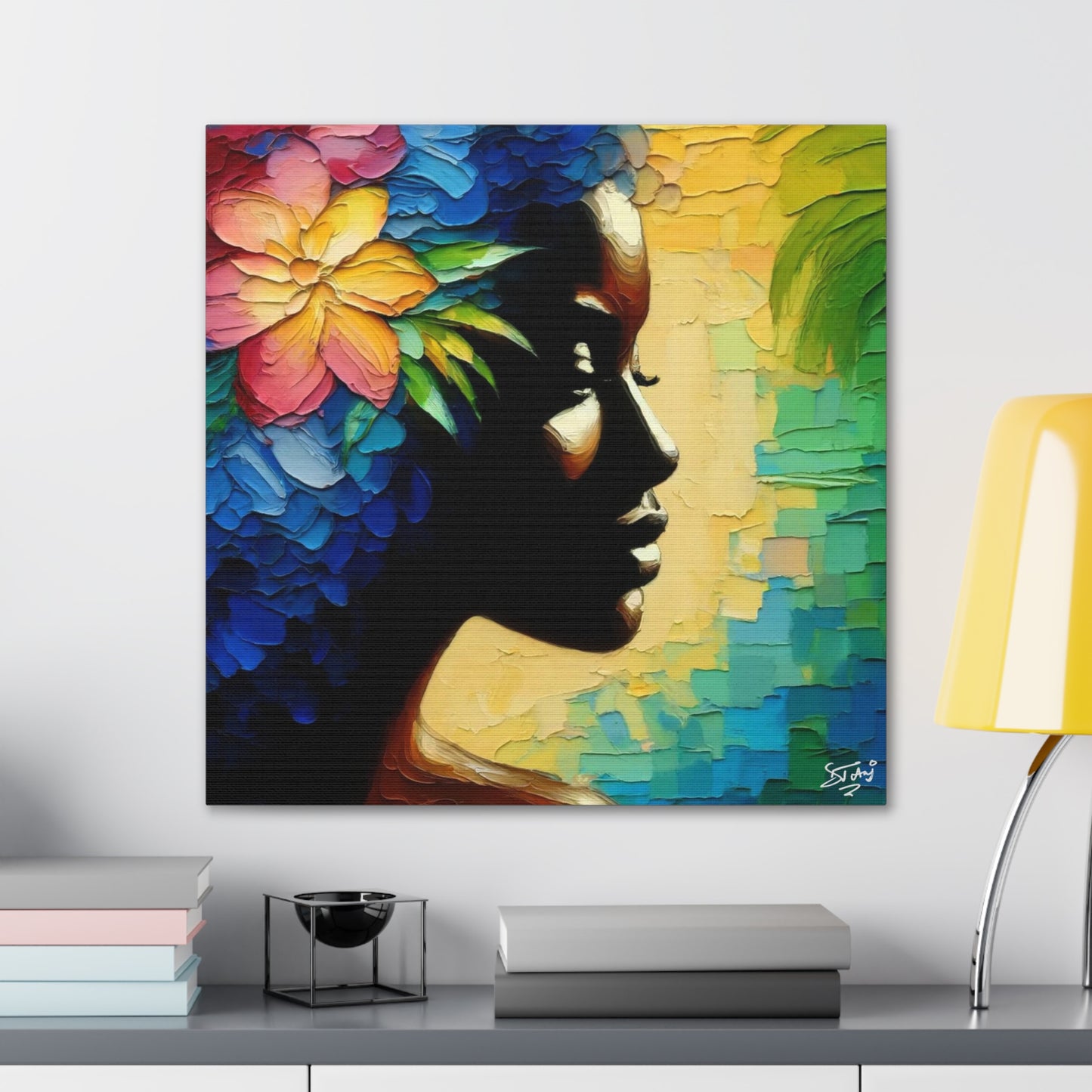 Art Print, Afro-Caribbean Woman "Deep in Thought" Oil Finish, West Indian Ethnicity, Cultural, Heritage, Semi-Abstract, Canvas Gallery Wrap