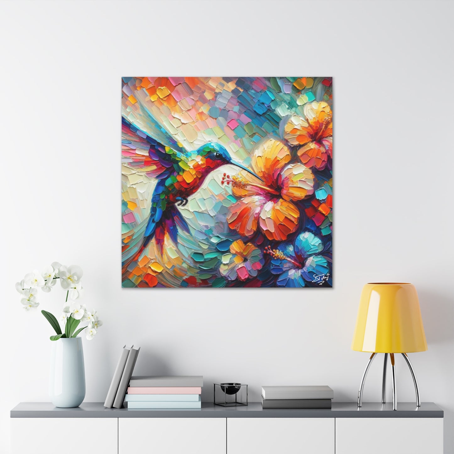 Art Print, Hummingbird on Hibiscus, Oil Finish, Caribbean Nature, Cultural, Heritage, Semi-Abstract, Canvas Gallery Wrap