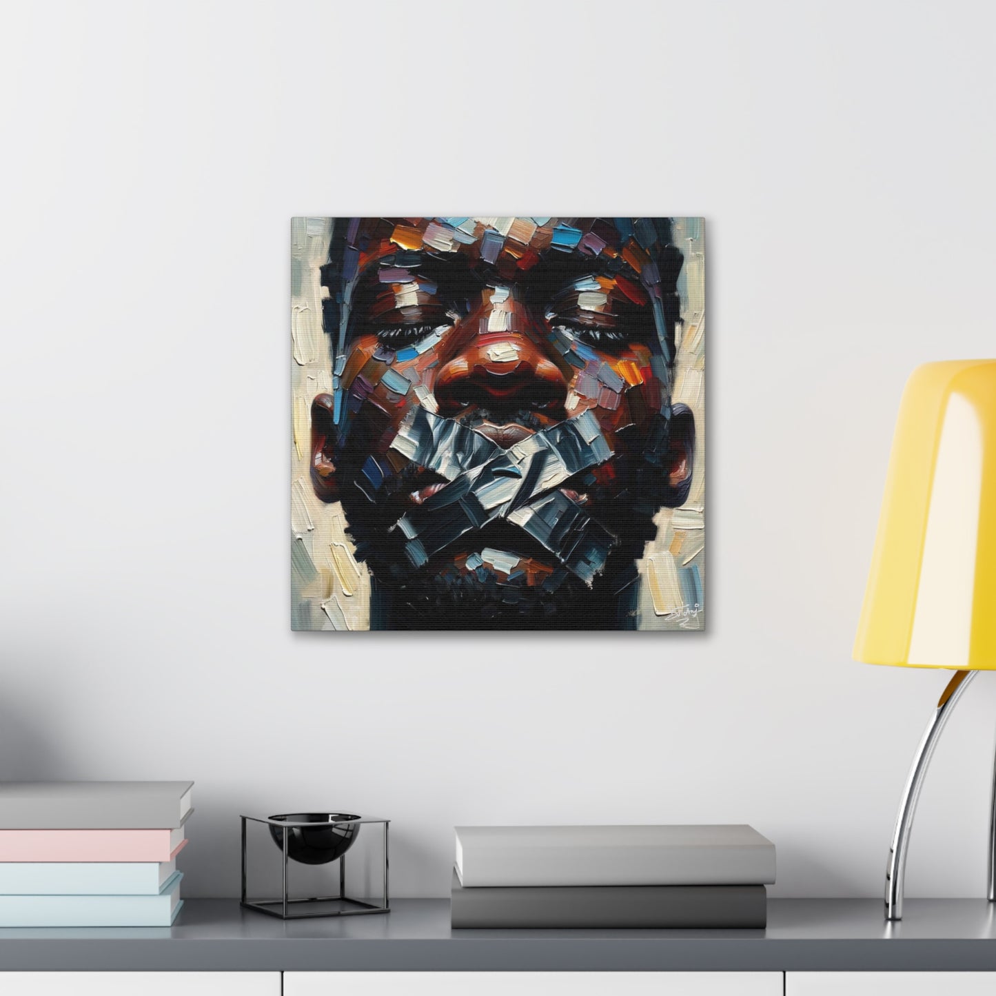 Art Print, Afro-Caribbean Man Silenced? Oil Finish, West Indian Ethnicity, Cultural, Heritage, Semi-Abstract, Canvas Gallery Wrap