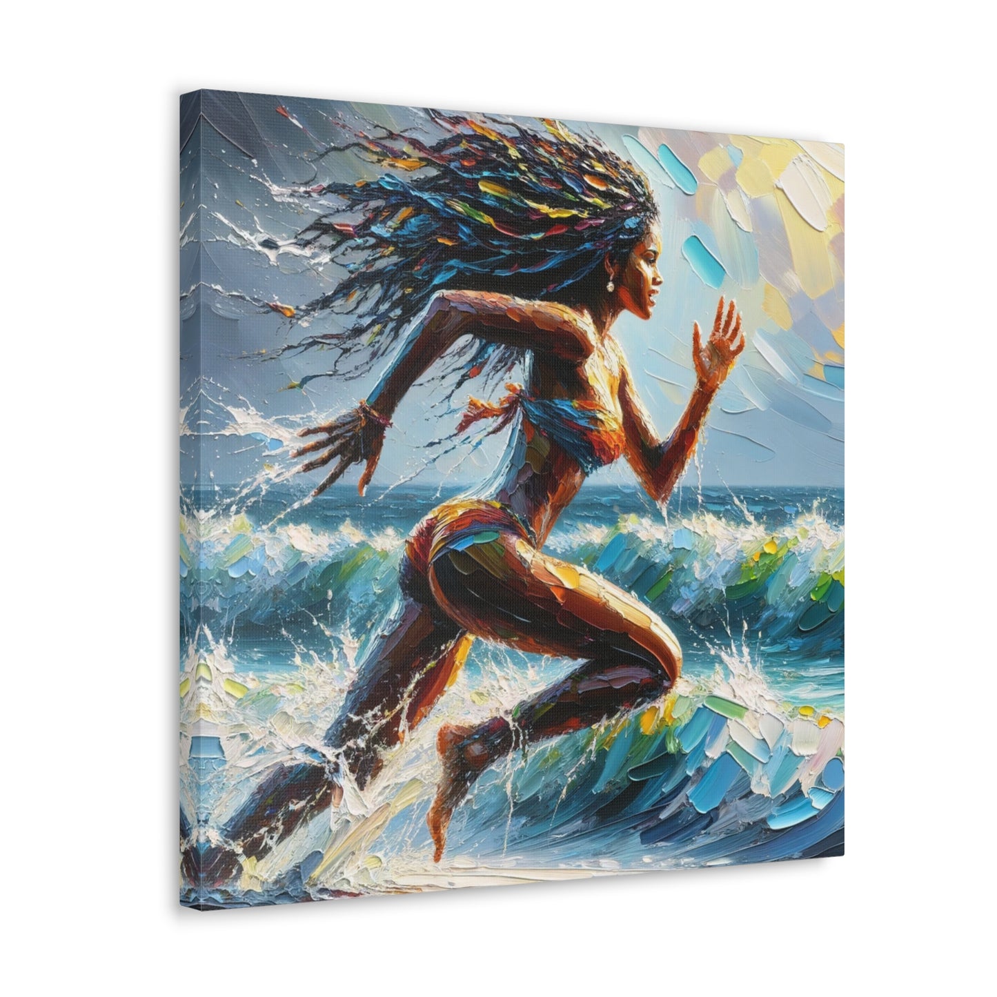 Art Print#3, East Indian Woman from Trinidad running into the Atlantic Ocean, Caribbean, Oil Finish, West Indian Art, Canvas Gallery Wraps