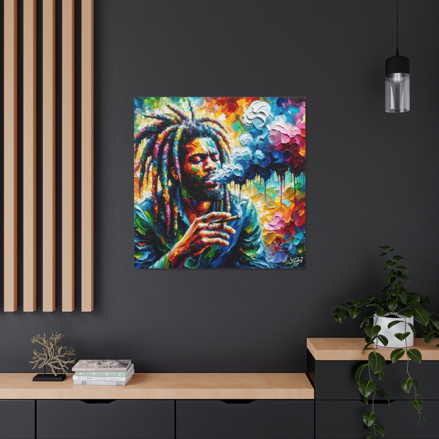 Art Print of Rastaman Smoking, Oil Finish, West Indian Ethnicity, Cultural, Heritage, Afro-Caribbean Man, Semi-Abstract, Canvas Gallery Wrap