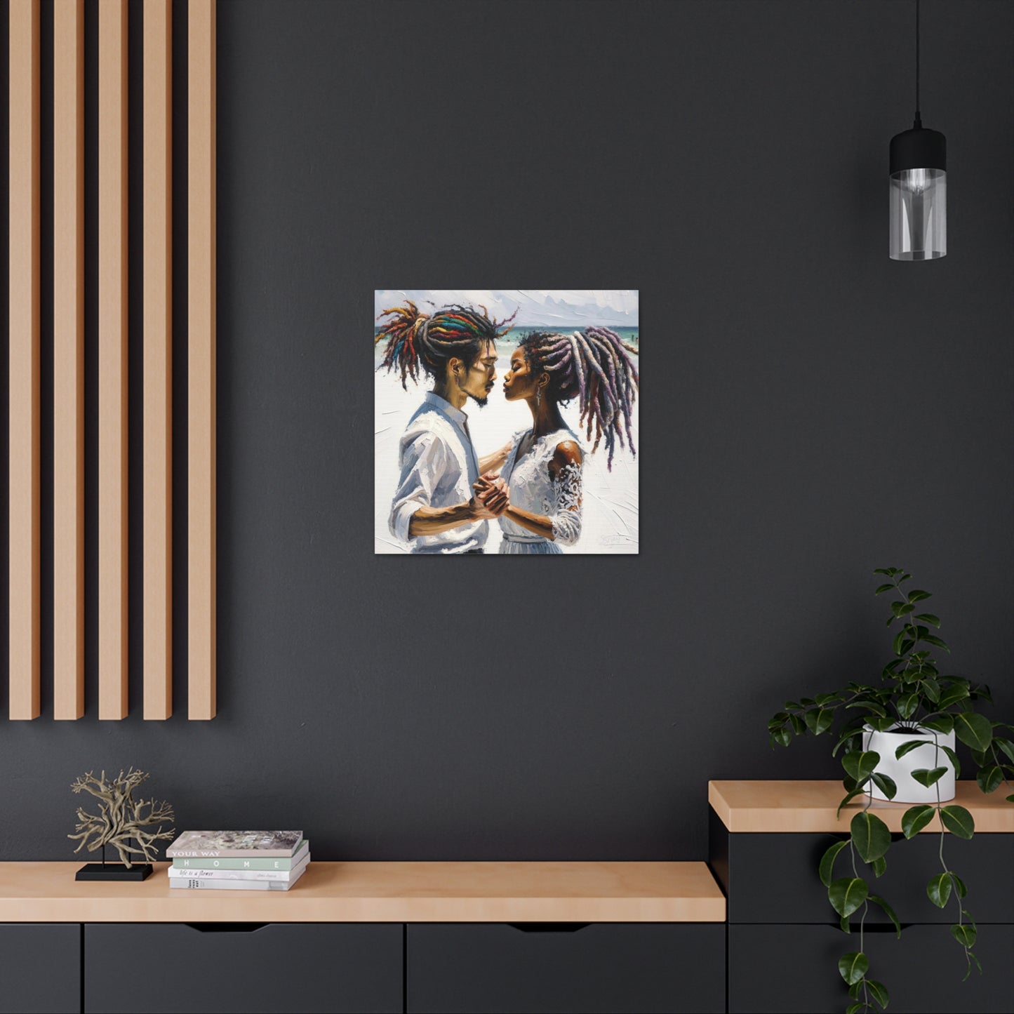 Art Print, Caribbean Couple, "Beach Wedding" Semi-Abstract Oil Finish, West Indian Ethnicity, Cultural, Heritage, Canvas Gallery Wrap