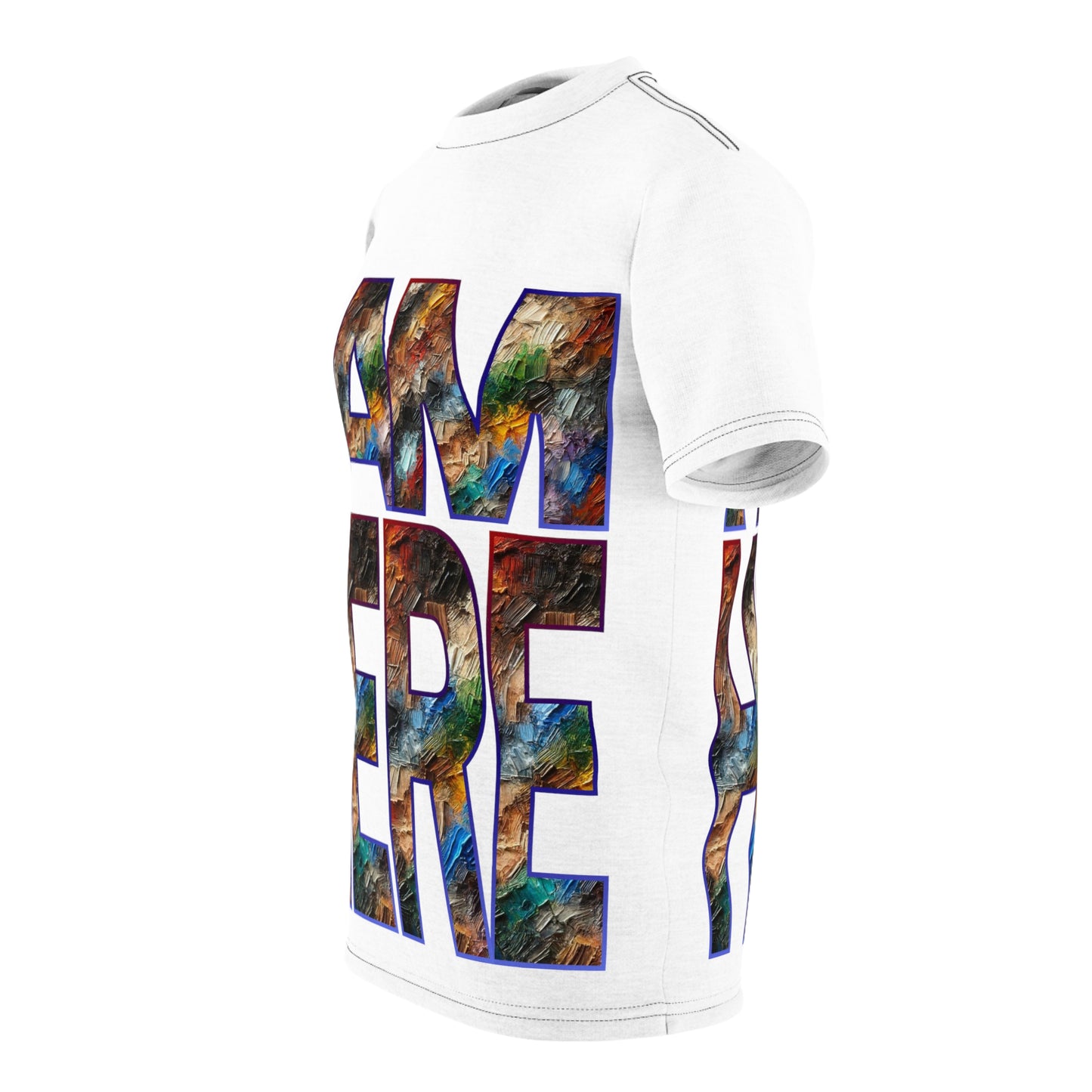 Unisex Cut & Sew Tee (AOP), "I Am Here"