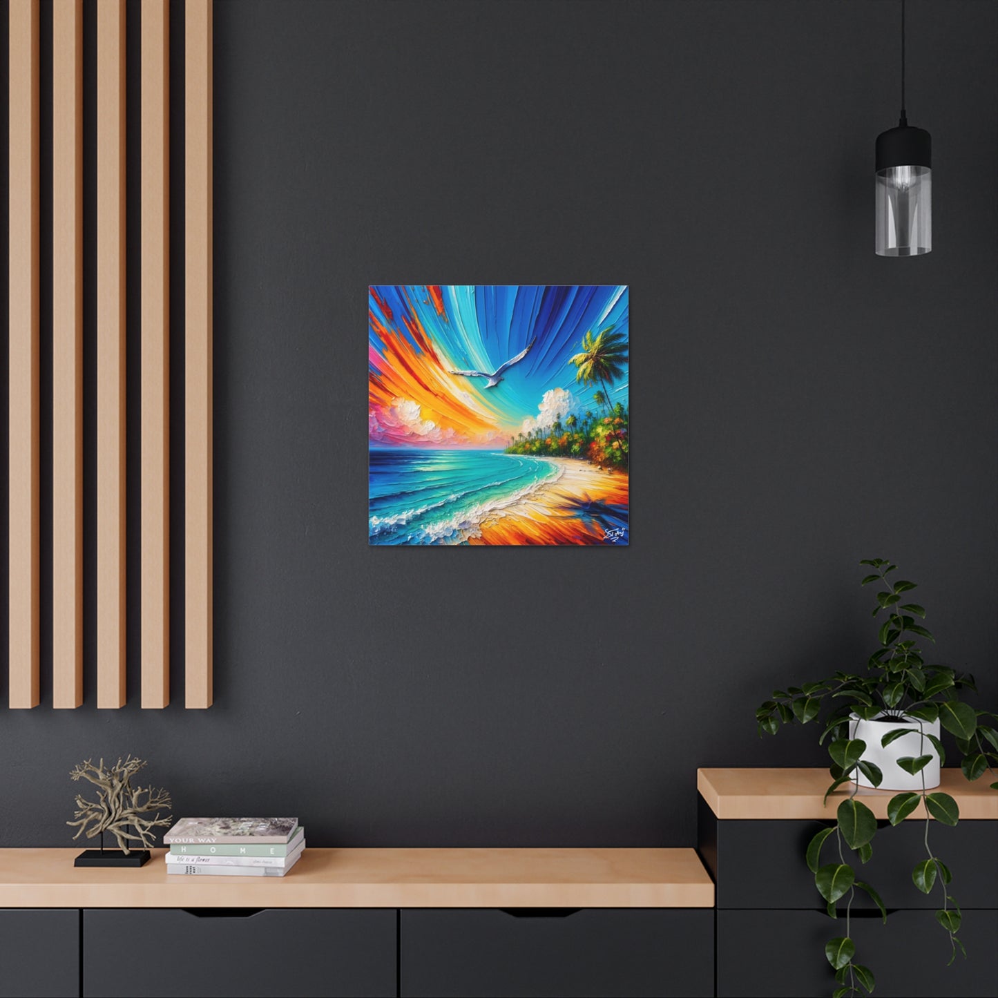 Art Print, "Bird Enjoying View," Oil Finish, Caribbean Nature, Cultural, Heritage, Semi-Abstract, Canvas Gallery Wrap