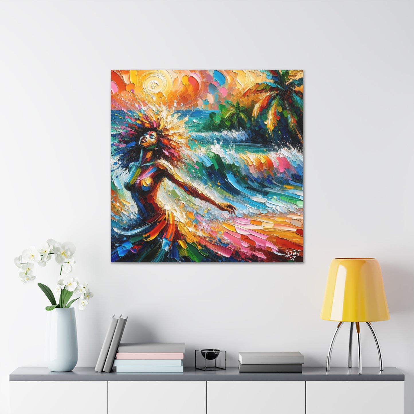 Art Print, Afro-Caribbean Woman, "Enjoying the Sunset" Abstract, Oil Finish, West Indian Ethnicity, Cultural, Heritage, Abstract, Canvas Gallery Wrap