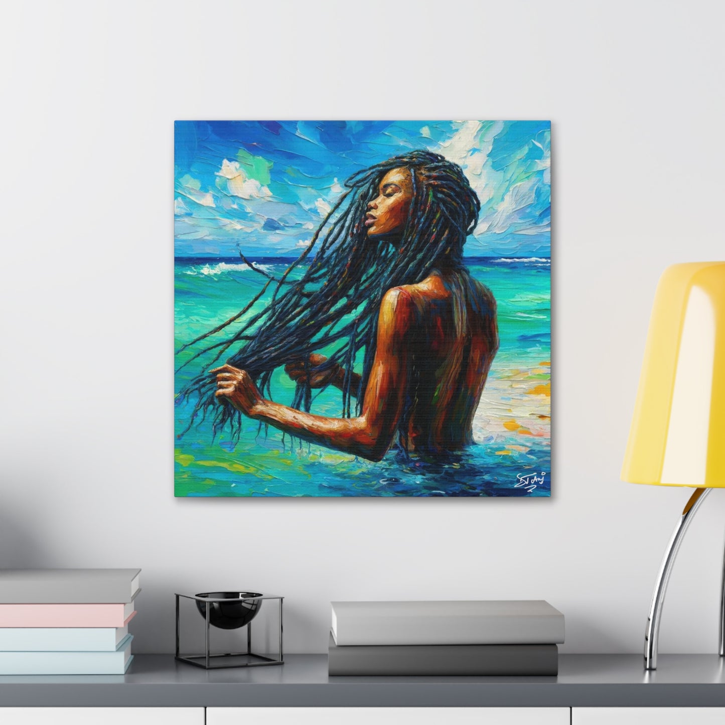 Art Print, Afro-Caribbean Woman "Chilling in the Ocean" Oil Finish, West Indian Ethnicity, Cultural, Heritage, Semi-Abstract, Canvas Gallery Wrap