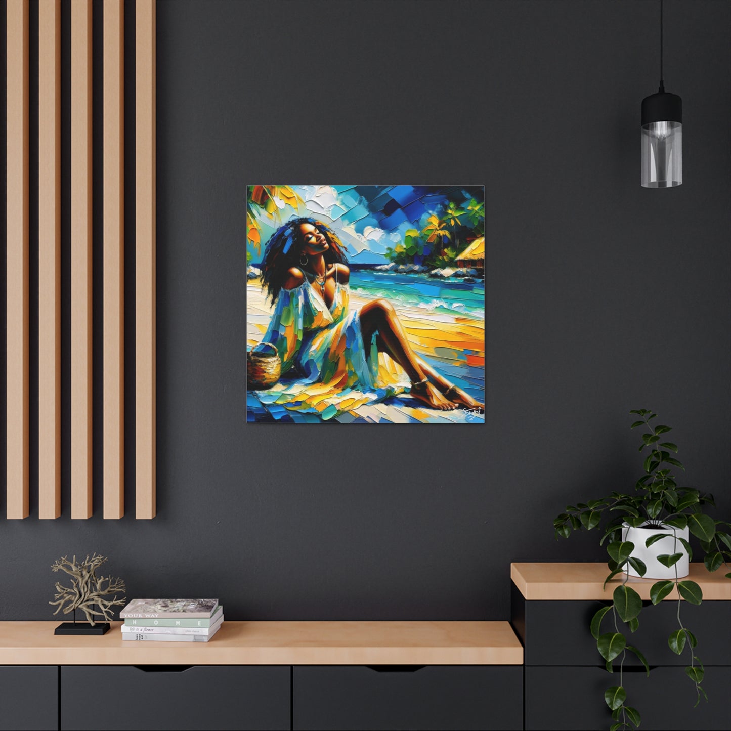 Art Print, Afro-Caribbean Woman, "Relaxing" Oil Finish, West Indian Ethnicity, Cultural, Heritage, Abstract, Canvas Gallery Wrap