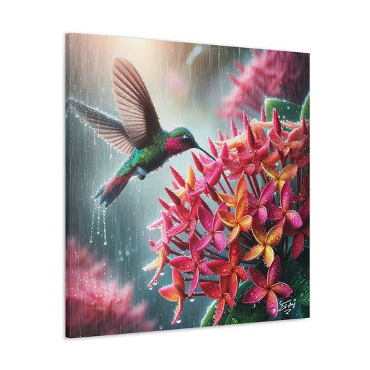 Print of Hummingbird in the Rain Hovering over Ixora Flower, Oil Paint Finish, Caribbean, Tropical, Canvas Gallery Wraps