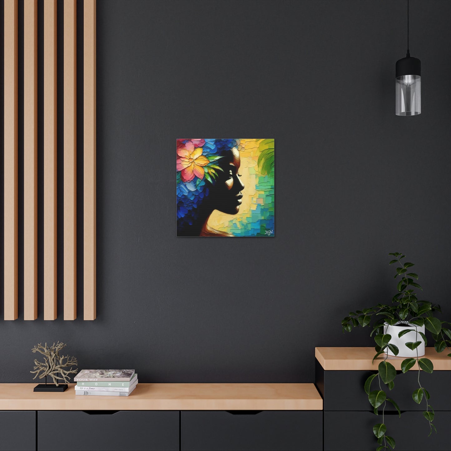 Art Print, Afro-Caribbean Woman "Deep in Thought" Oil Finish, West Indian Ethnicity, Cultural, Heritage, Semi-Abstract, Canvas Gallery Wrap