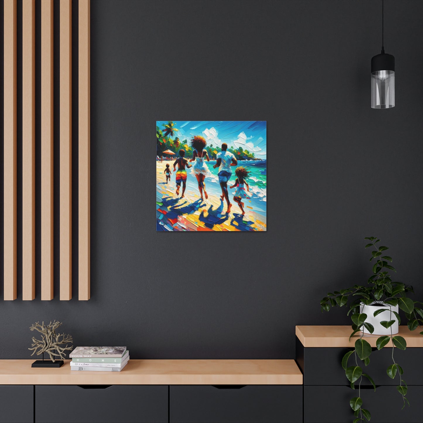 Art Print, Afro-Caribbean Family "Running on the Beach," Oil Finish, West Indian Ethnicity, Cultural, Heritage, Semi-Abstract, Canvas Gallery Wrap