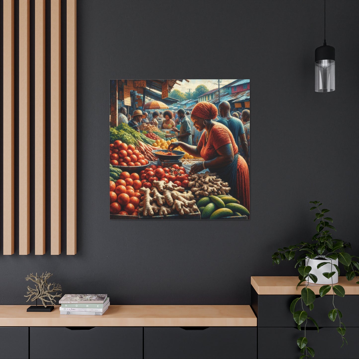 Art Print#7, "Selling at the Market", Market Scene in Trinidad, Caribbean, Oil Finish, West Indian Art, Canvas Gallery Wraps